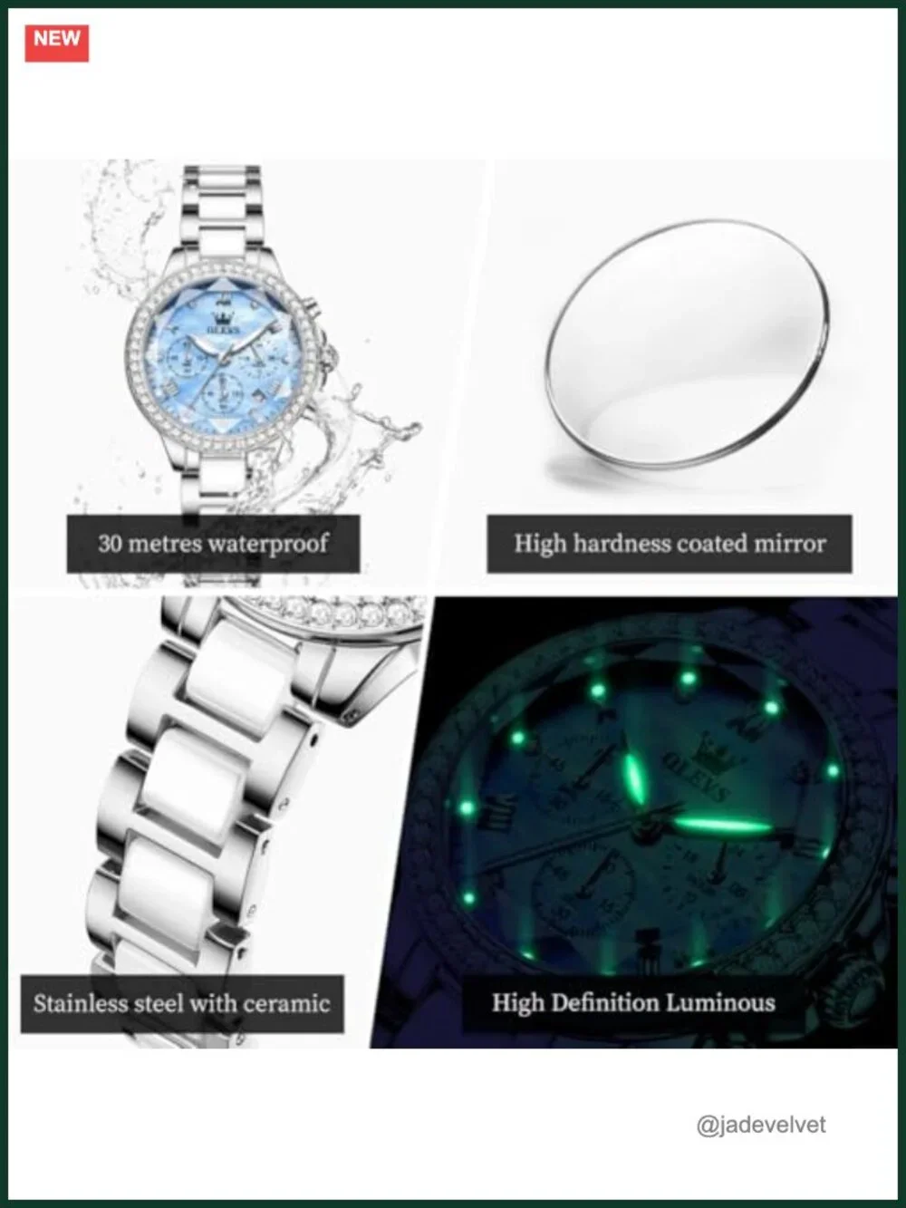 Women Ceramic Chronograph Watch with Diamond Faceted Crystal, Rose Gold